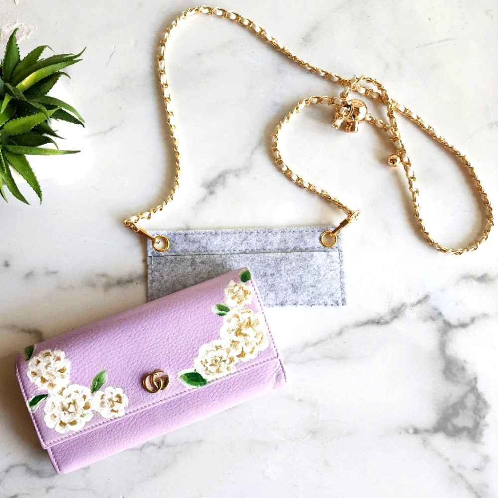 Gucci Lavendar Long Front Flap Wallet on Chain, Handpainted Flowes - Picture 2 of 13